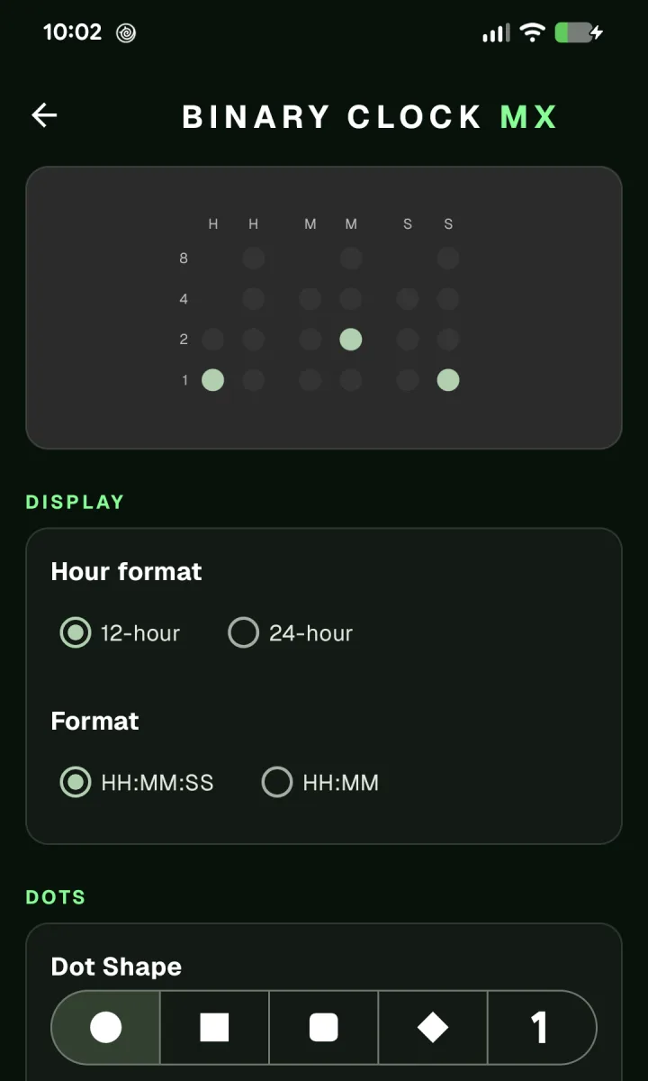 Binary Clock MX settings: live widget preview, hour format, and time format options.
